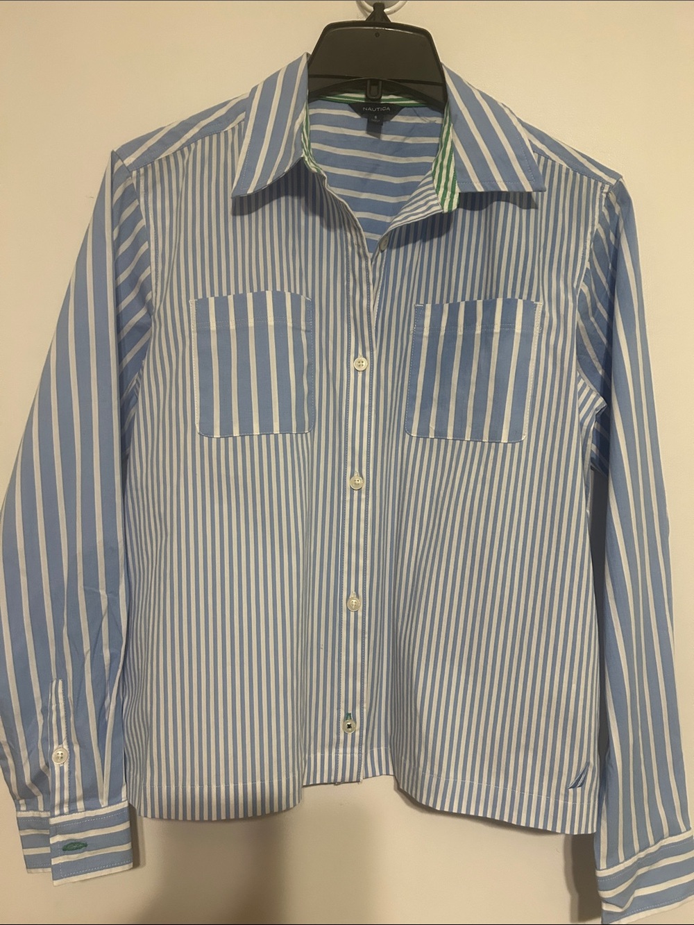Nautica Blue and White Vertical Stripe Button Down Shirt